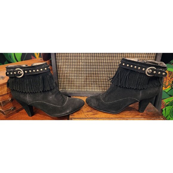 Madeline Women's Black Suede Fringe Ankle Boots With Studded Buckle & 3" Heels - Picture 1 of 16